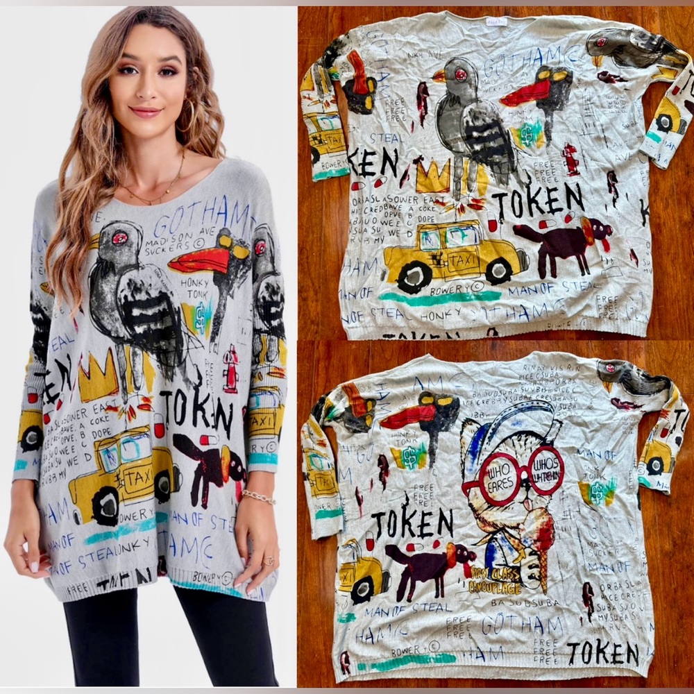 Ellazhu Basquiat-inspired Graphic Graffiti Print Oversized Sweater Women OS~NEW